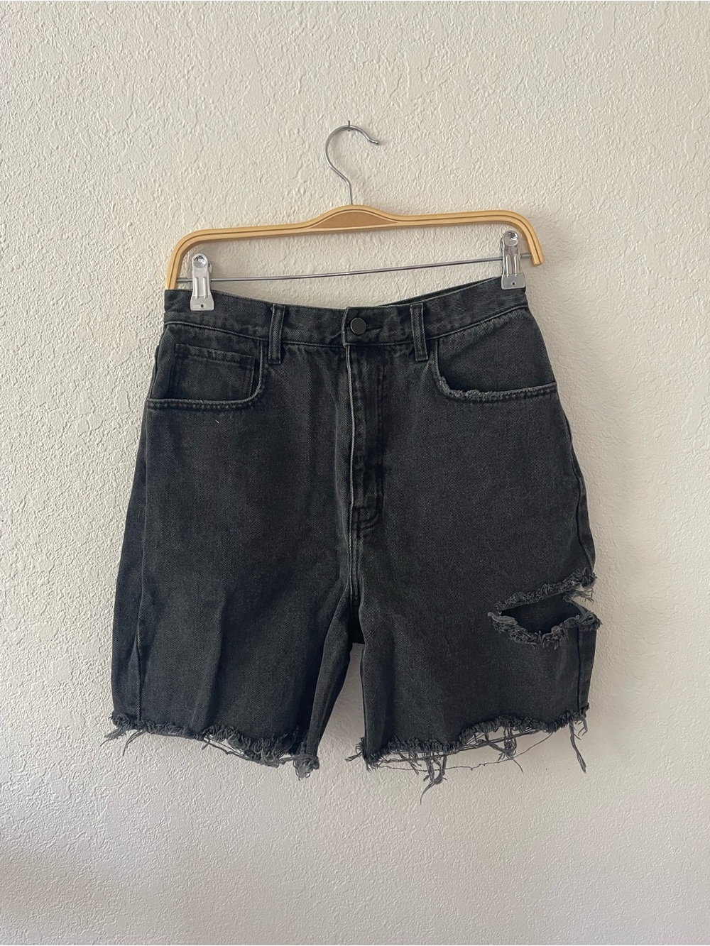 Oak + Fort Black Distressed High Rise Denim Shorts